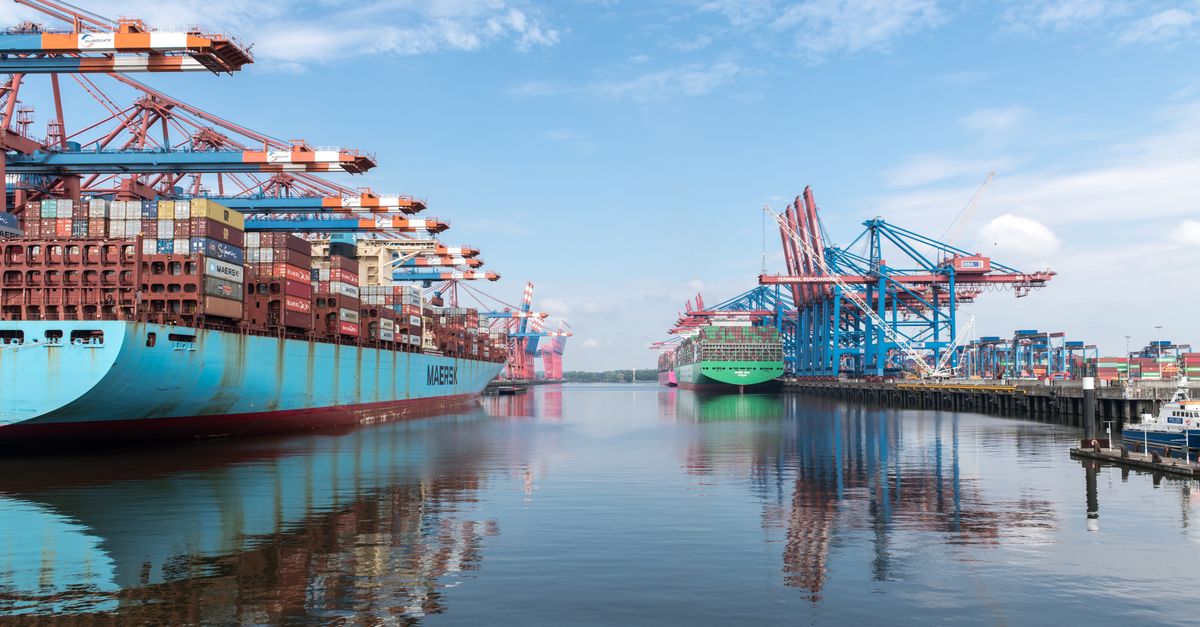 View of large container ships at Hamburg harbor, highlighting global trade and maritime logistics.